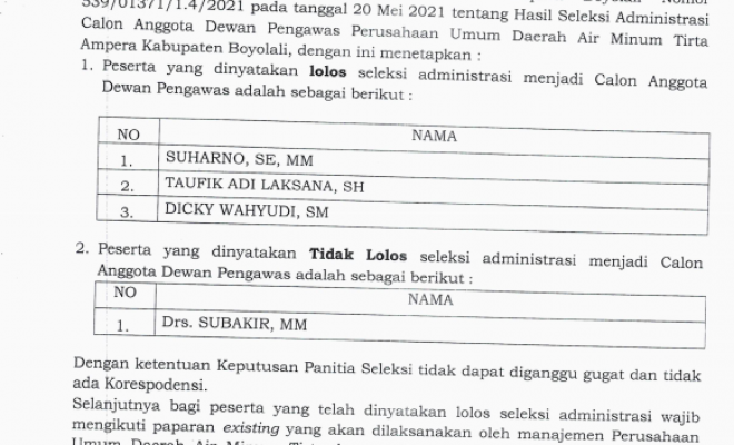 HASIL SELEKSI ADMINISTRASI CALON ANGGOTA DEWAN PENGAWAS PERUSAHAAN UMUM DAERAH AIR MINUM TIRTA AMPERA  KABUPATEN BOYOLALI